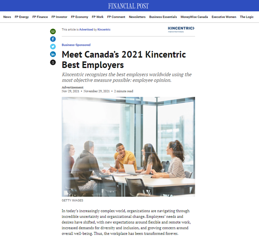 Une capture d'écran de l'article en anglais  "Meet Canada’s 2021 Kincentric Best Employers"